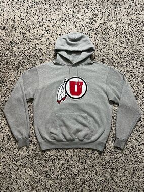 Champion Utah Utes Logo Hoodie Grey Pullover Size Large